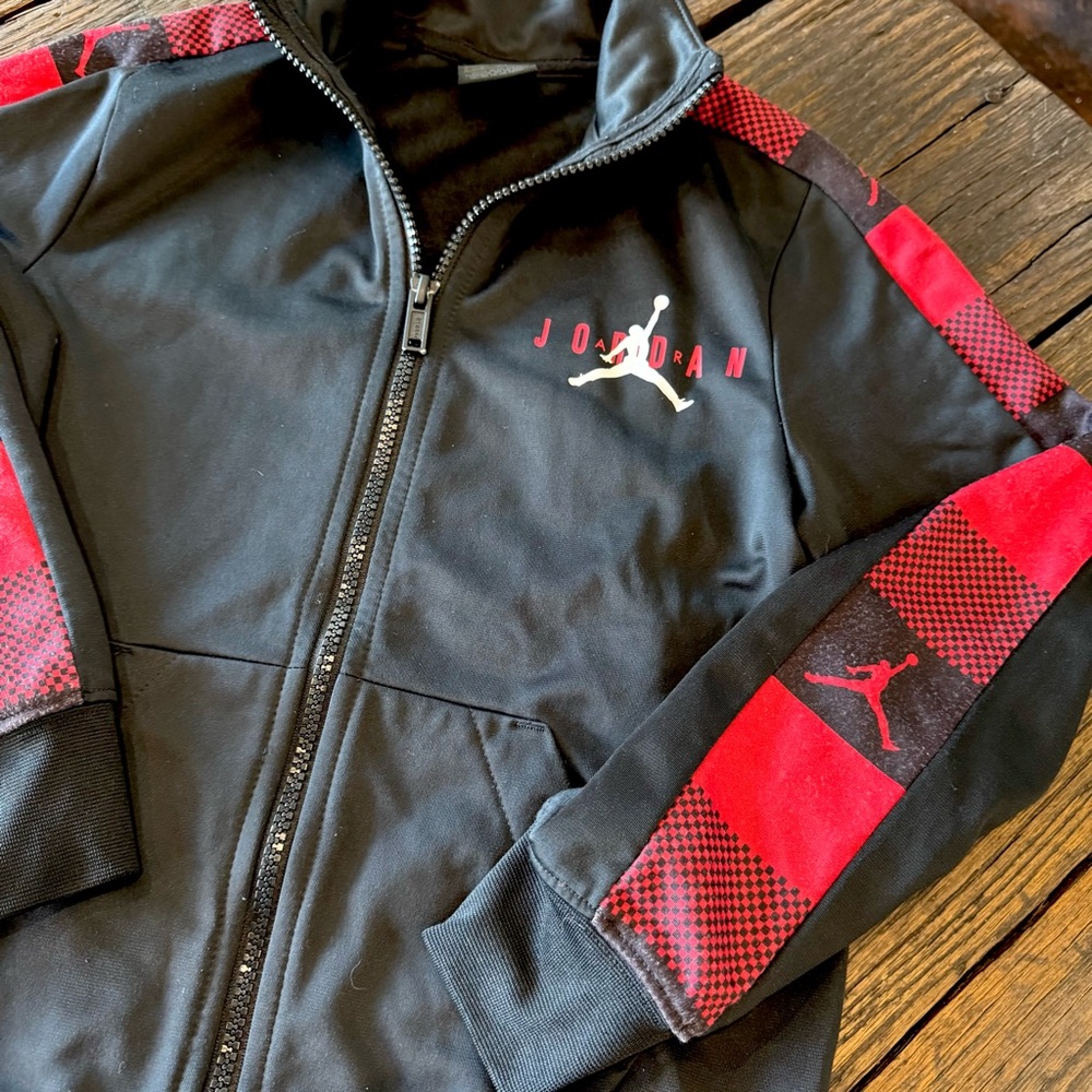 Air Jordan Kids Black and Red Zipper Track Jacket, Boys Size Small 8-10 Years
